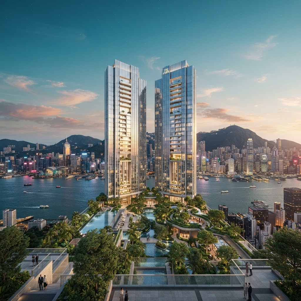33 Clear Water Bay 清水灣33 雙子式住宅大樓於黃昏時分俯瞰香港天際線